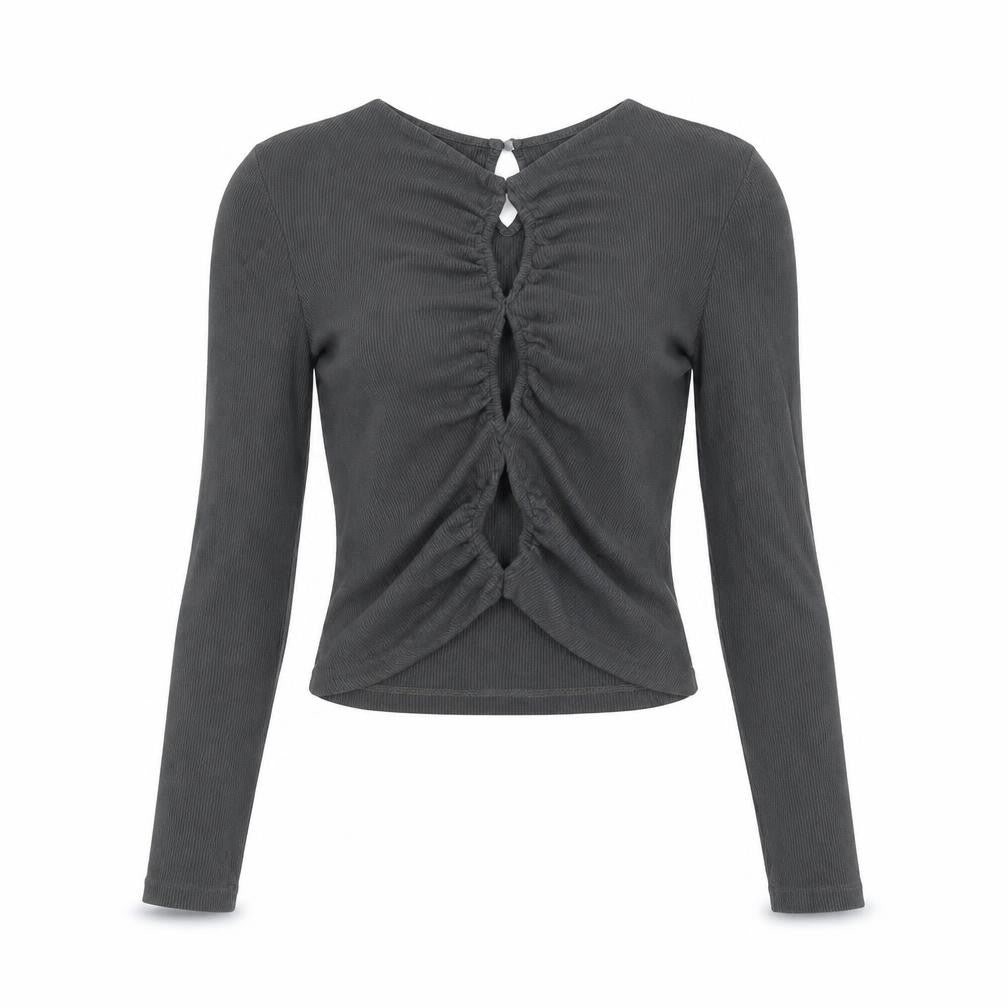 THE KRIPT Women Black XS Cropped Long Sleeve Ruched Ribbed Top