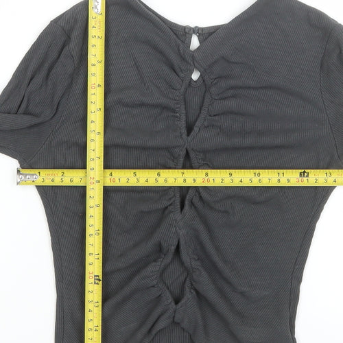 THE KRIPT Women Black XS Cropped Long Sleeve Ruched Ribbed Top