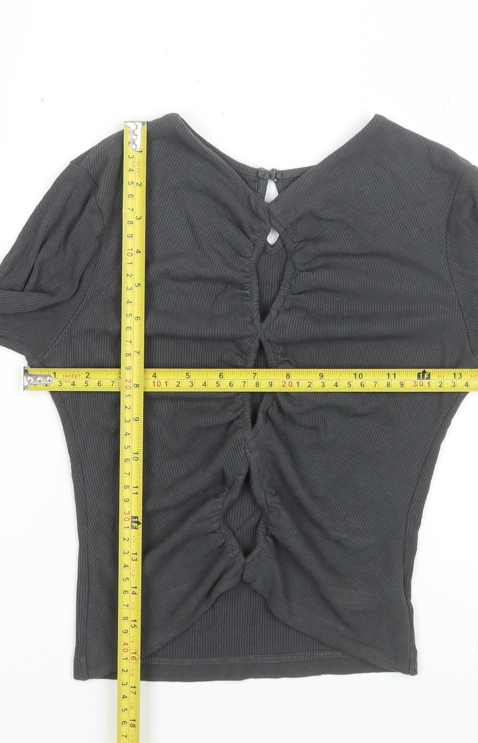 THE KRIPT Women Black XS Cropped Long Sleeve Ruched Ribbed Top