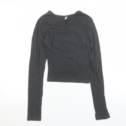 THE KRIPT Women Black XS Cropped Long Sleeve Ruched Ribbed Top