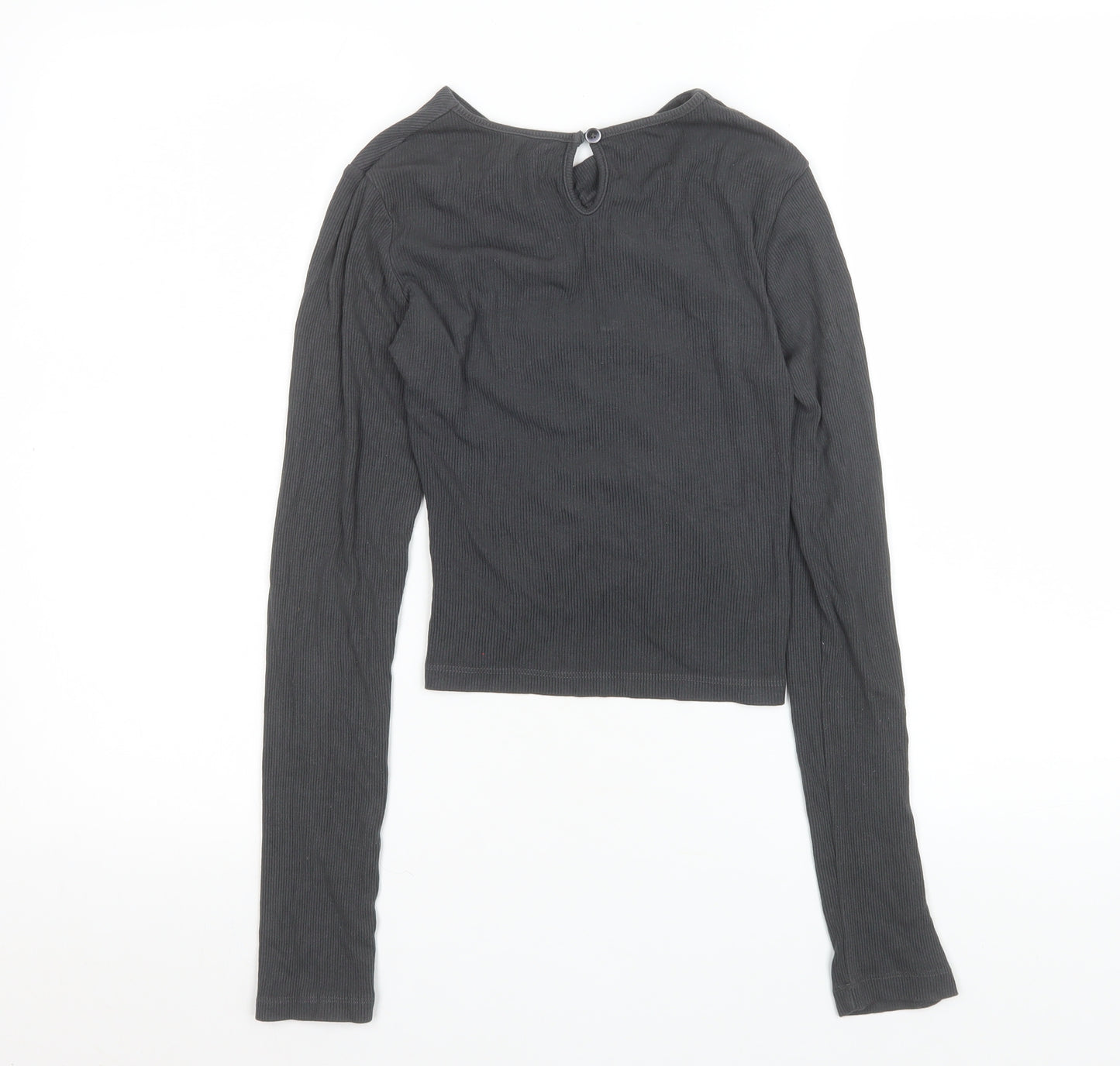 THE KRIPT Women Black XS Cropped Long Sleeve Ruched Ribbed Top