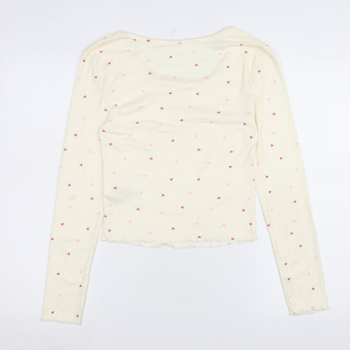 Marks and Spencer Women Ivory Heart Print Long Sleeve Pyjama Top S