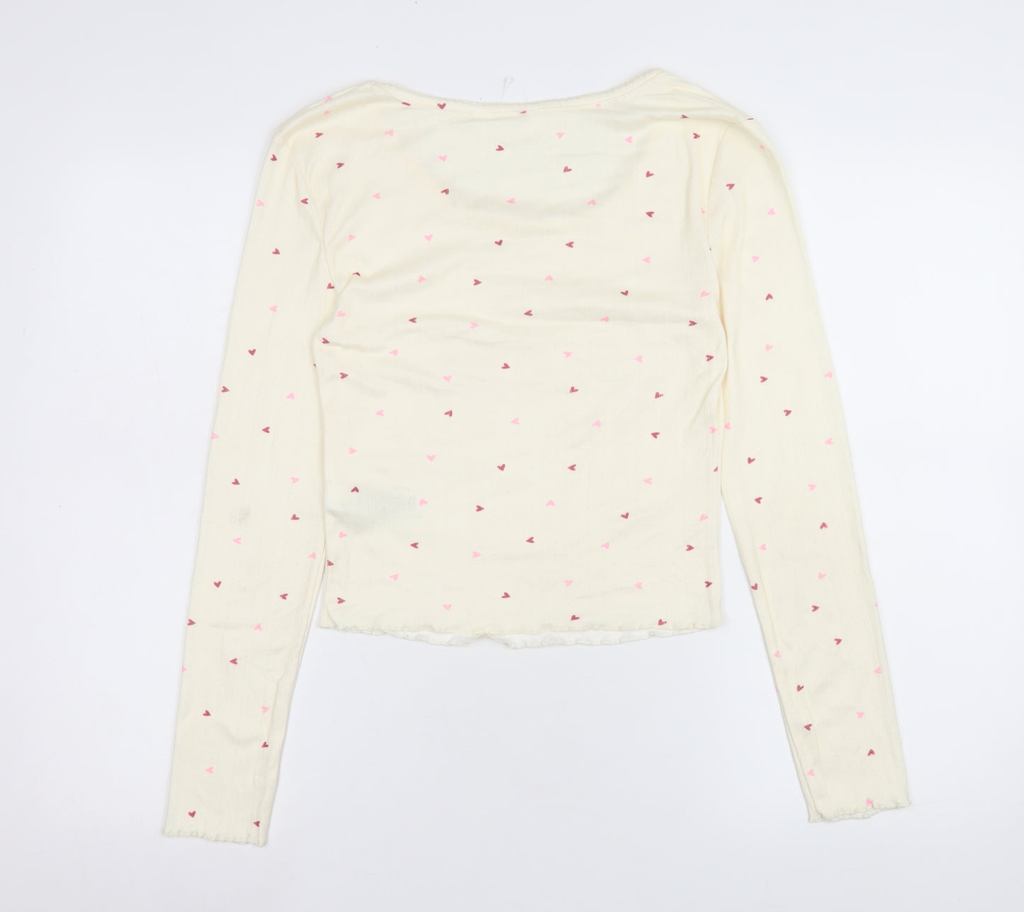 Marks and Spencer Women Ivory Heart Print Long Sleeve Pyjama Top S