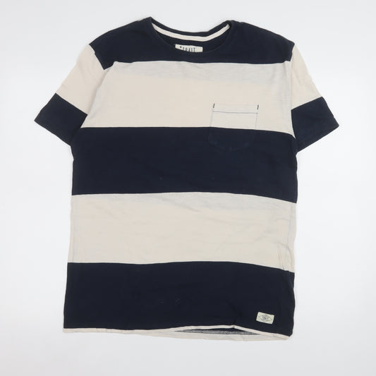 Trait Supply Co Men's Blue Beige Striped Cotton T-Shirt Medium