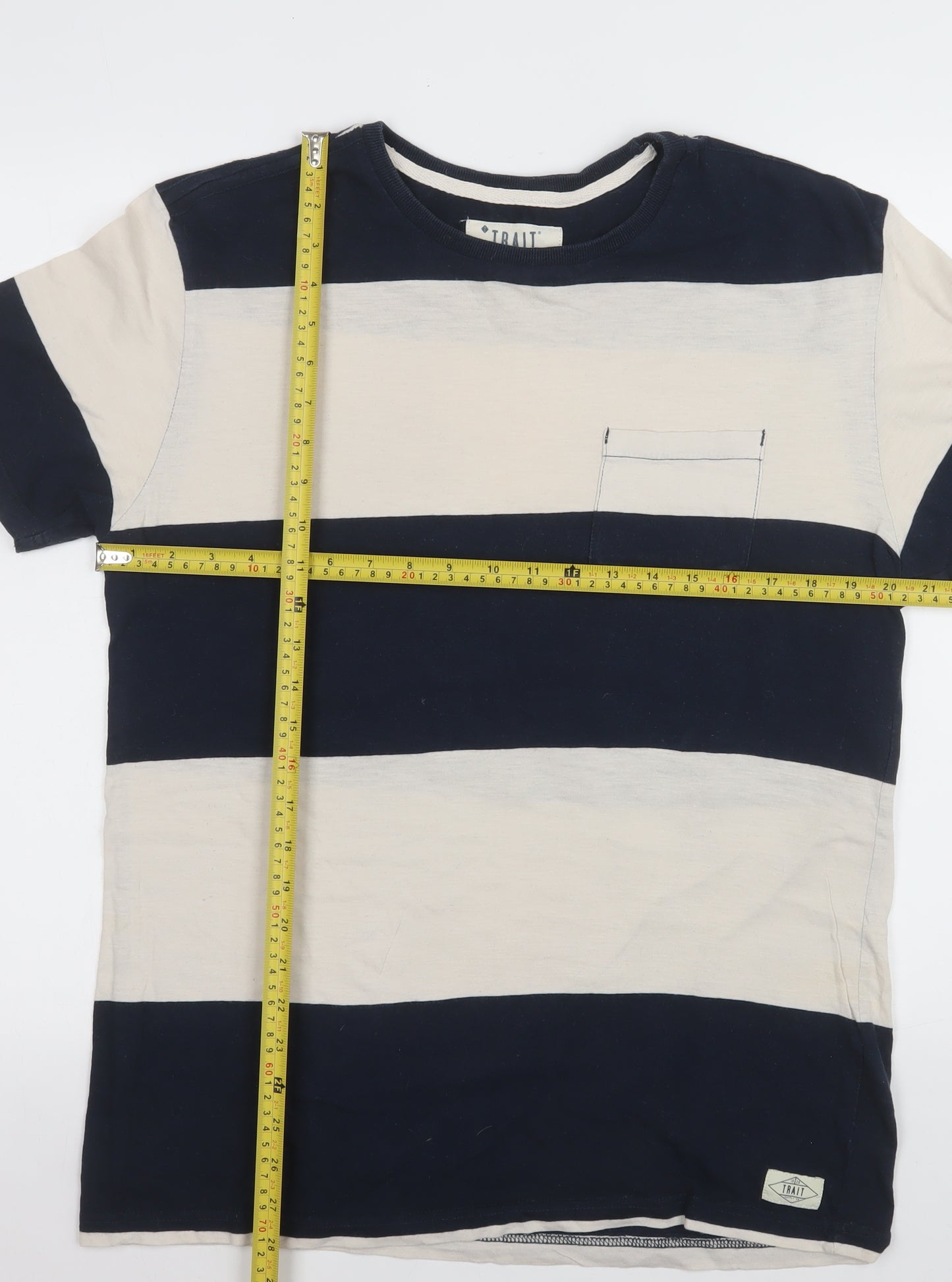 Trait Supply Co Men's Blue Beige Striped Cotton T-Shirt Medium