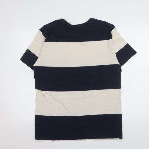 Trait Supply Co Men's Blue Beige Striped Cotton T-Shirt Medium