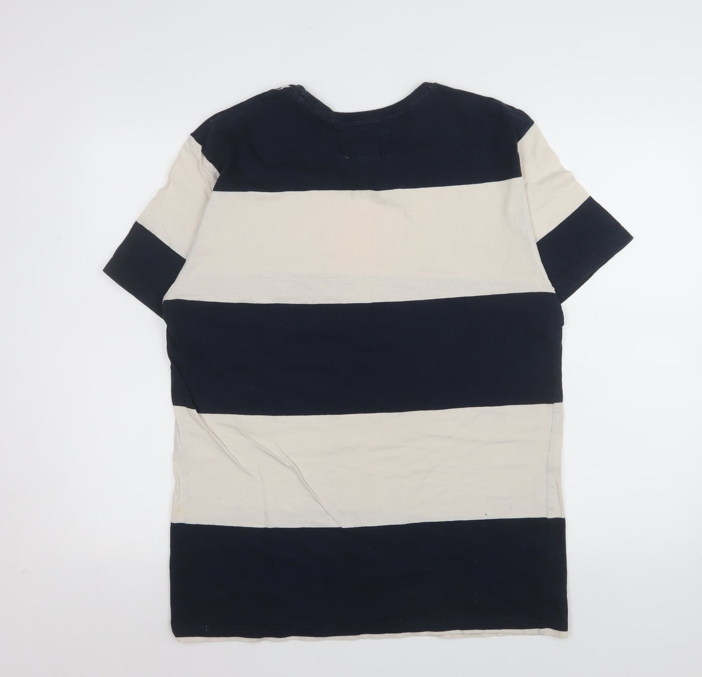 Trait Supply Co Men's Blue Beige Striped Cotton T-Shirt Medium