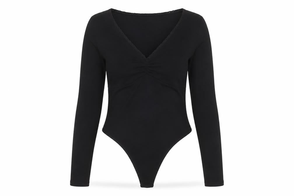 Front view of ASOS Design Women's Black Long Sleeve Bodysuit, size 14, Cotton Stretch