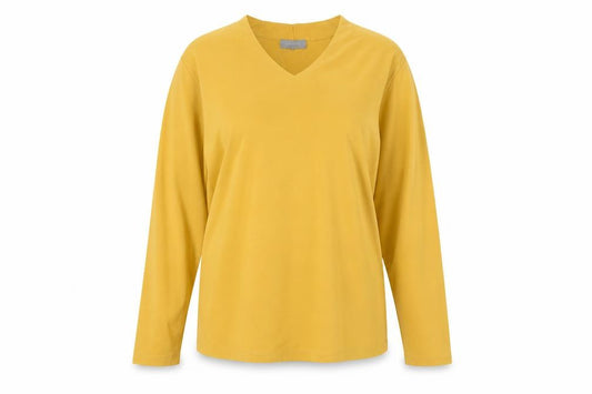 Front view of Freshwear women’s yellow v-neck long sleeve basic top, size L