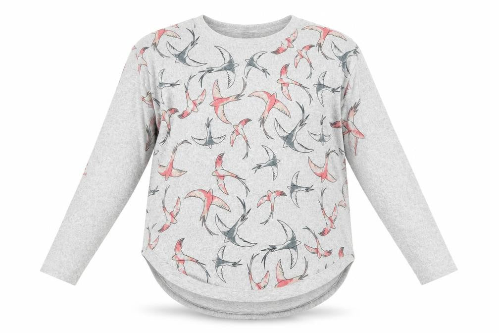 Front view of Izabel London Women's Grey Bird Print Pullover Sweatshirt, size 10