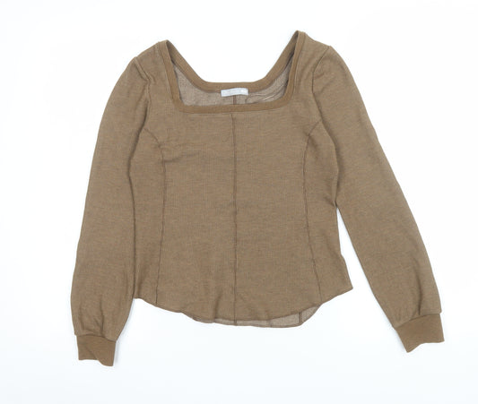 Uniqlo Women Brown Knit Square Neck Long Sleeve Top M