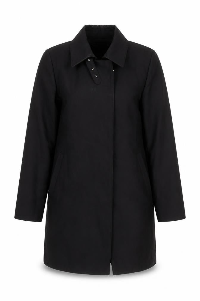Front view of Zara Woman Black Mid-Length Overcoat, size S, Classic Style