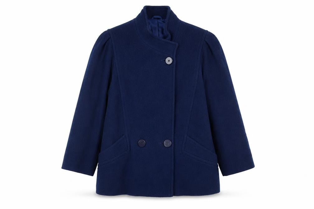 Front view of Marks & Spencer women’s navy wool coat, size UK 18, classic mid-length