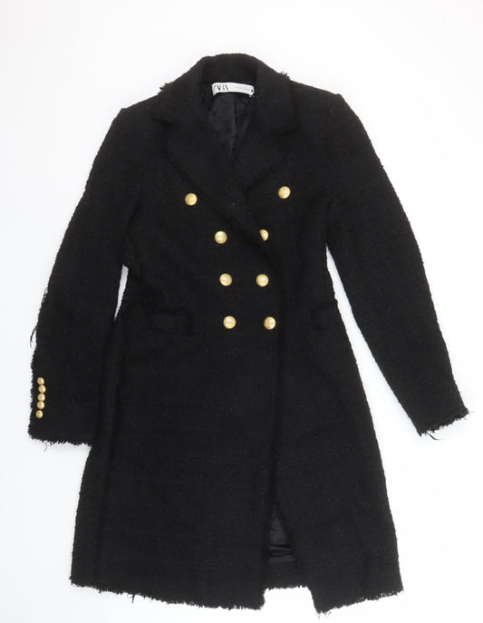Zara Women's Black Tweed Military Long Coat XS