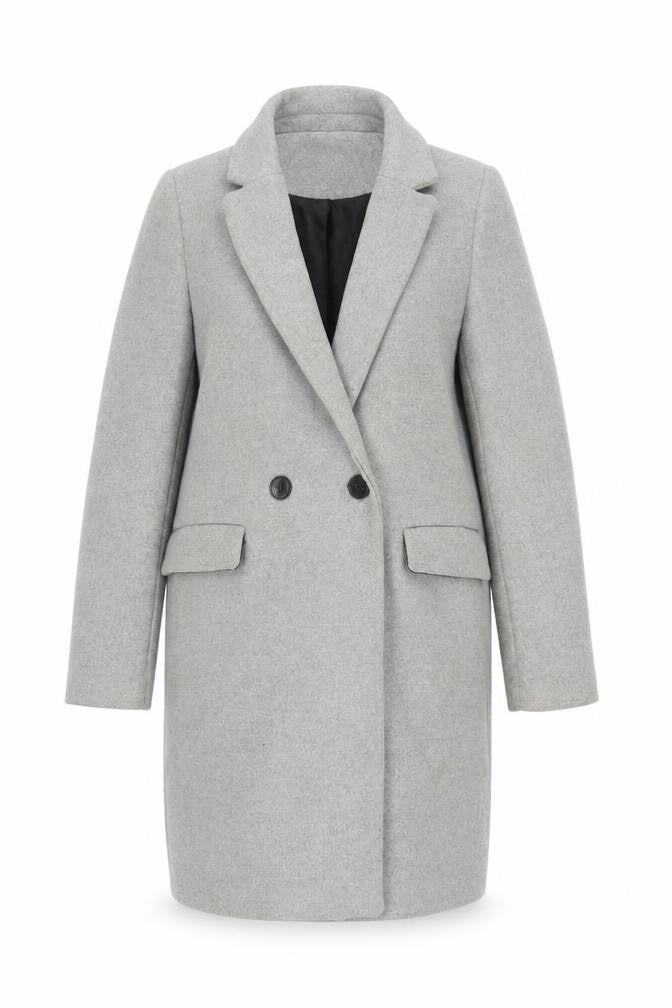 Front view of Zara Women Grey Wool Blend Long Coat XS Classic Buttoned