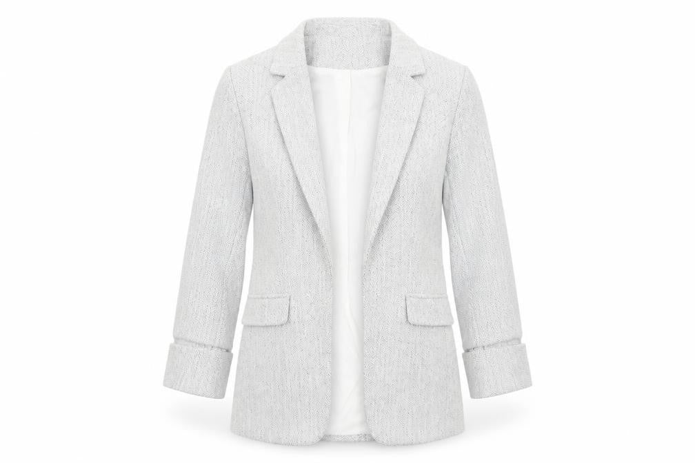 Front view of H&M Women's Grey Herringbone Blazer, size 8, Regular Fit Jacket