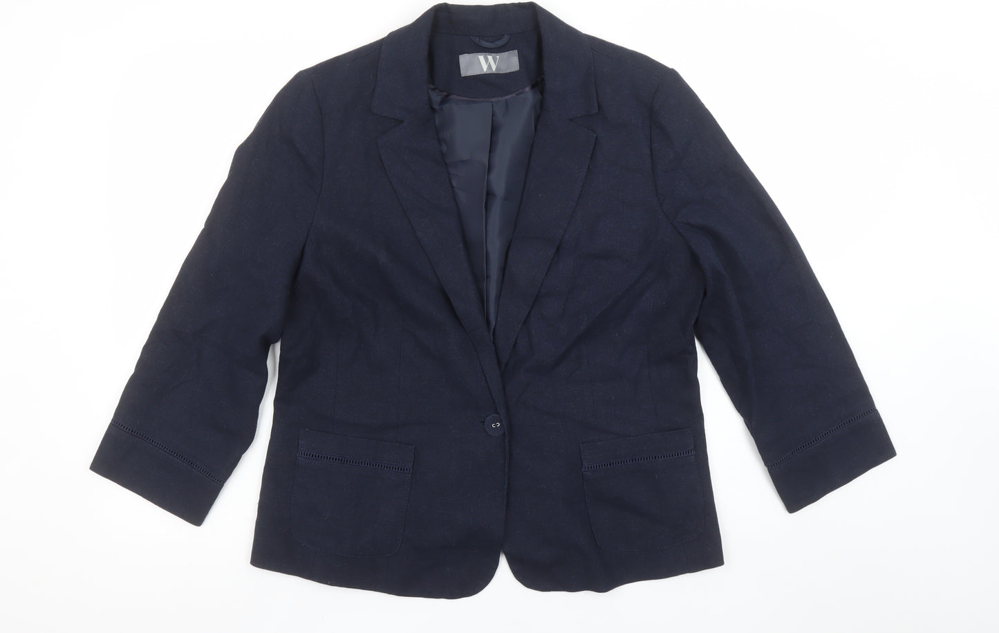 BHS Women Navy Linen Blend Single-Breasted Blazer Size 16