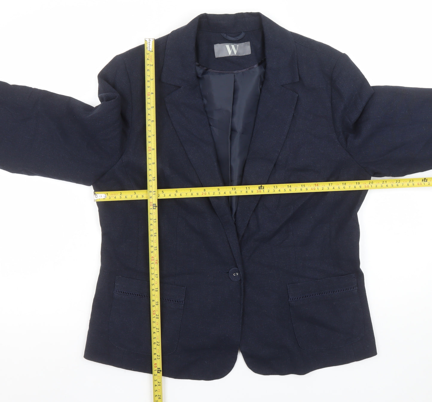 BHS Women Navy Linen Blend Single-Breasted Blazer Size 16