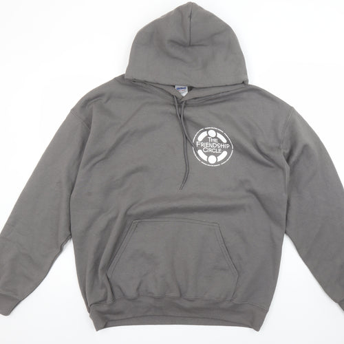 Gildan Men’s Grey Pullover Hoodie Size L Graphic Logo Heavyweight Sweatshirt