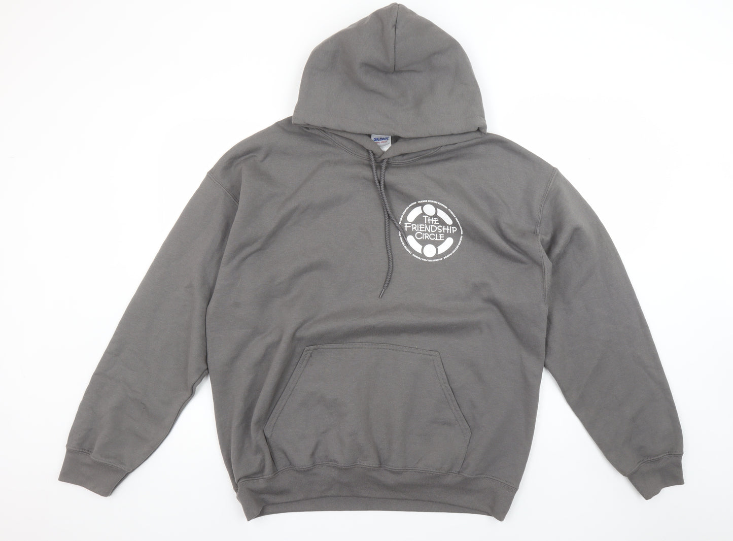 Gildan Men’s Grey Pullover Hoodie Size L Graphic Logo Heavyweight Sweatshirt