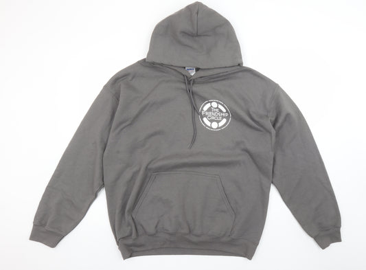 Gildan Men’s Grey Pullover Hoodie Size L Graphic Logo Heavyweight Sweatshirt