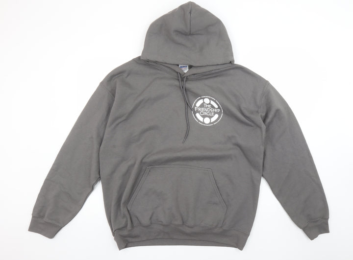 Gildan Men’s Grey Pullover Hoodie Size L Graphic Logo Heavyweight Sweatshirt