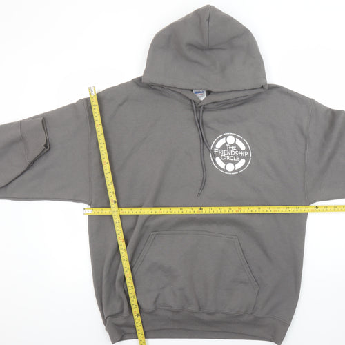 Gildan Men’s Grey Pullover Hoodie Size L Graphic Logo Heavyweight Sweatshirt