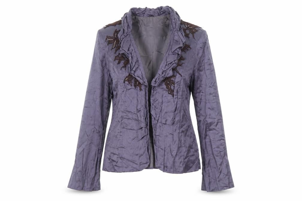 Front view of Linea Raffaelli Women’s Purple Blazer Jacket, size UK 16, Tailored Formal