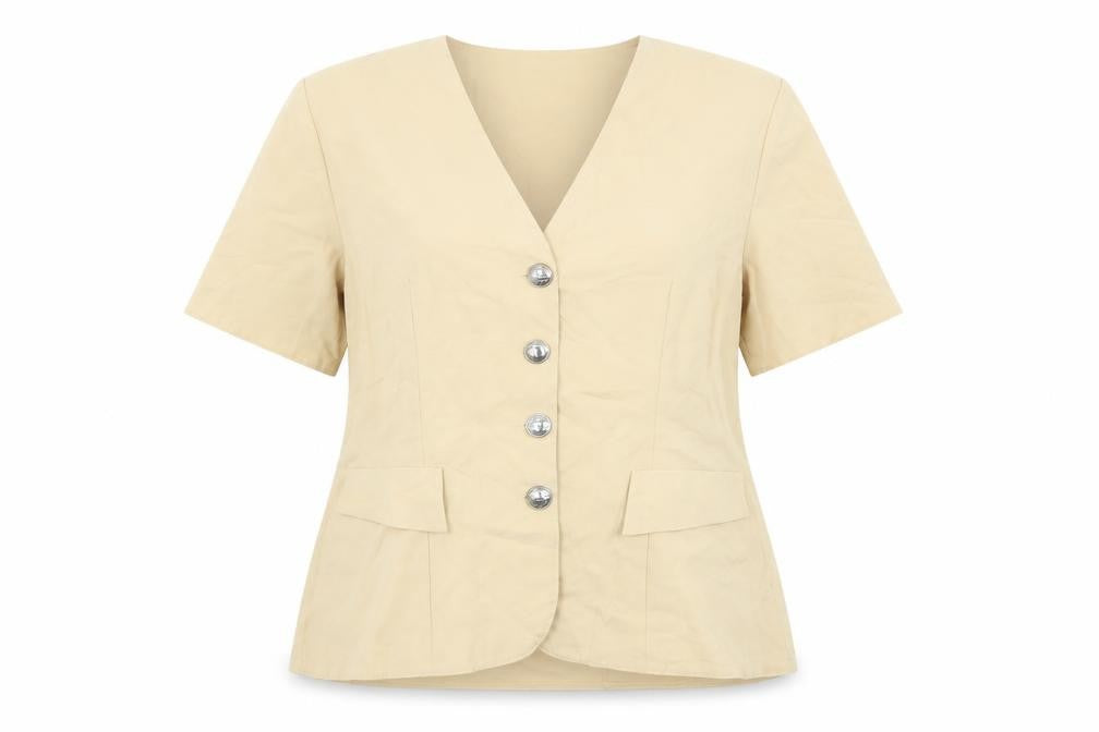 Front view of Etam Women Beige, size 20, Short Sleeve Single-Breasted Suit Jacket