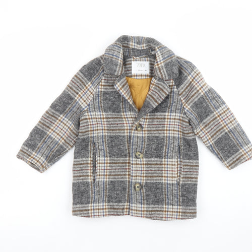 Zara Boys Grey Check Wool Blend Pea Coat 2-3 Years Lined Winter Jacket