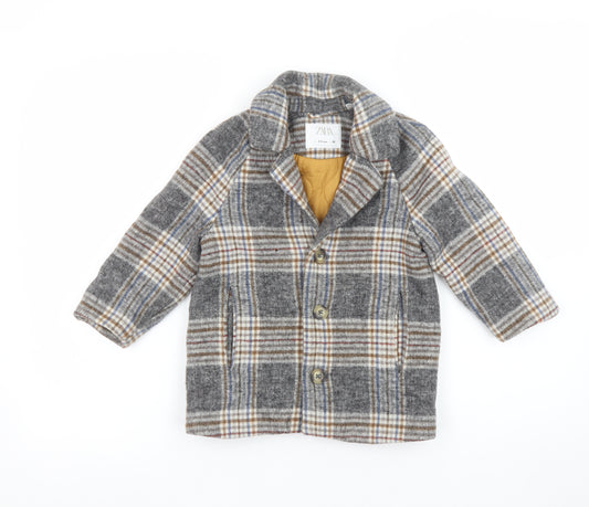 Zara Boys Grey Check Wool Blend Pea Coat 2-3 Years Lined Winter Jacket