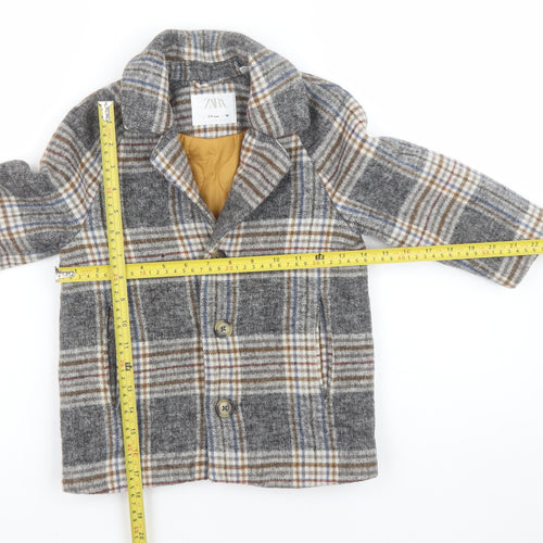 Zara Boys Grey Check Wool Blend Pea Coat 2-3 Years Lined Winter Jacket