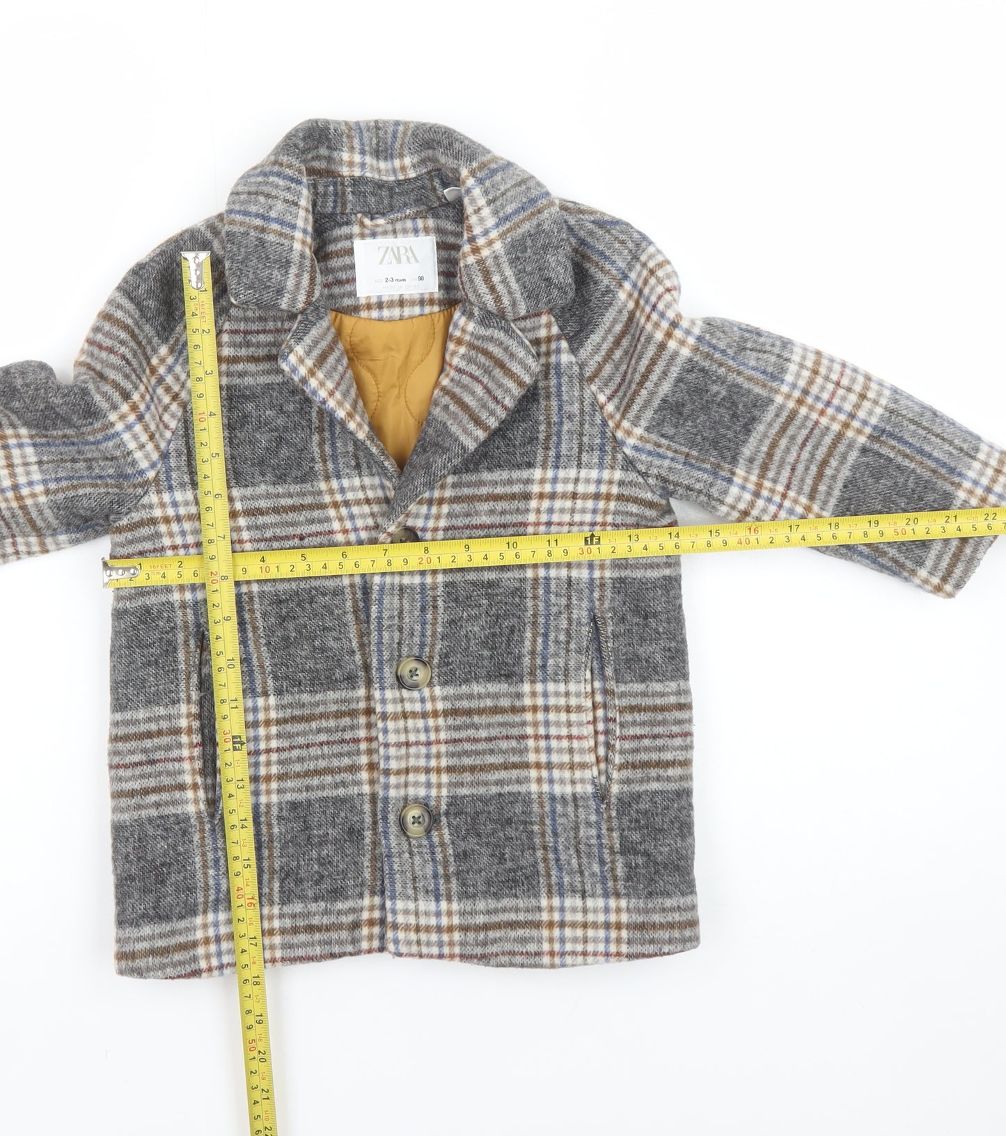Zara Boys Grey Check Wool Blend Pea Coat 2-3 Years Lined Winter Jacket