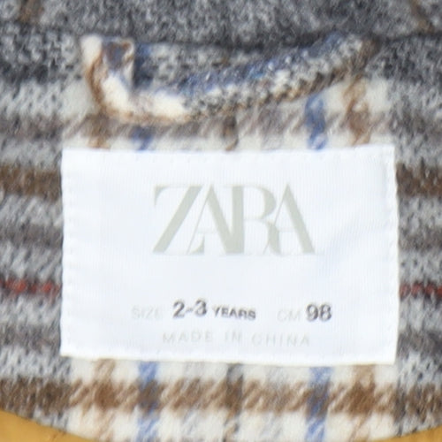 Zara Boys Grey Check Wool Blend Pea Coat 2-3 Years Lined Winter Jacket