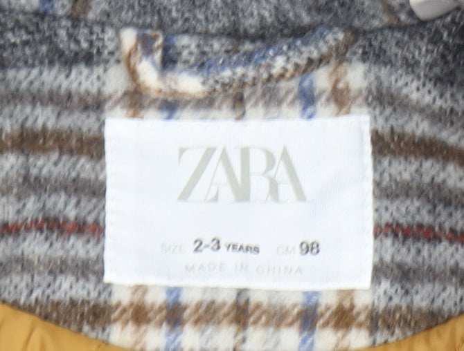 Zara Boys Grey Check Wool Blend Pea Coat 2-3 Years Lined Winter Jacket