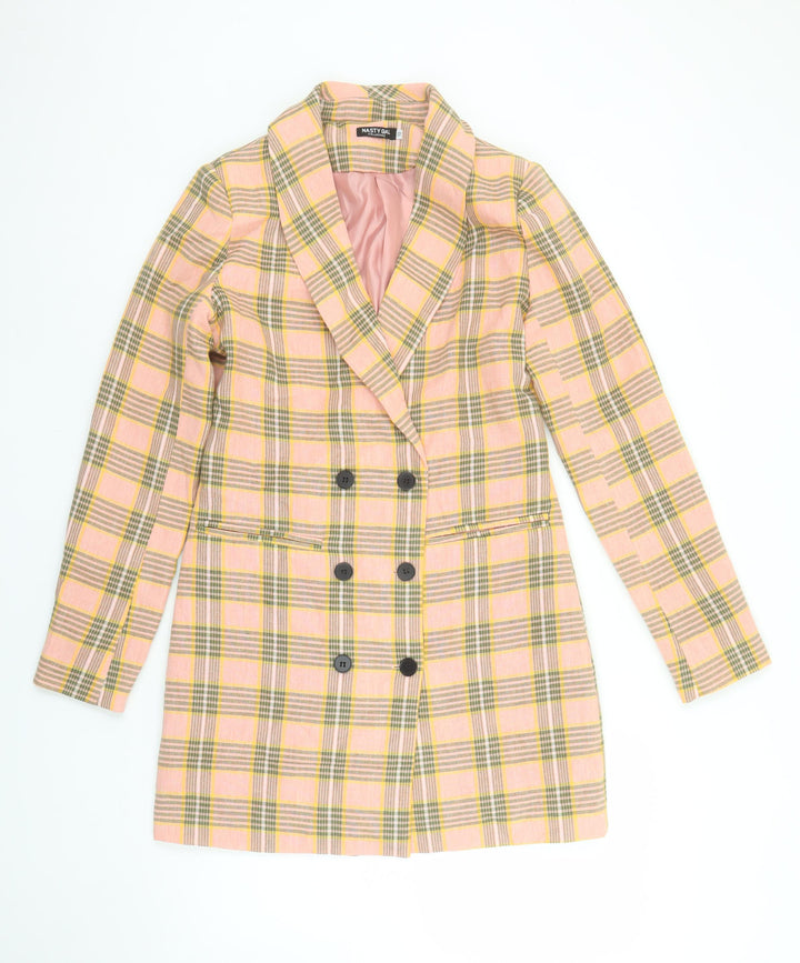 Nasty Gal Women Pink Checked Double-Breasted Blazer Jacket Size 10