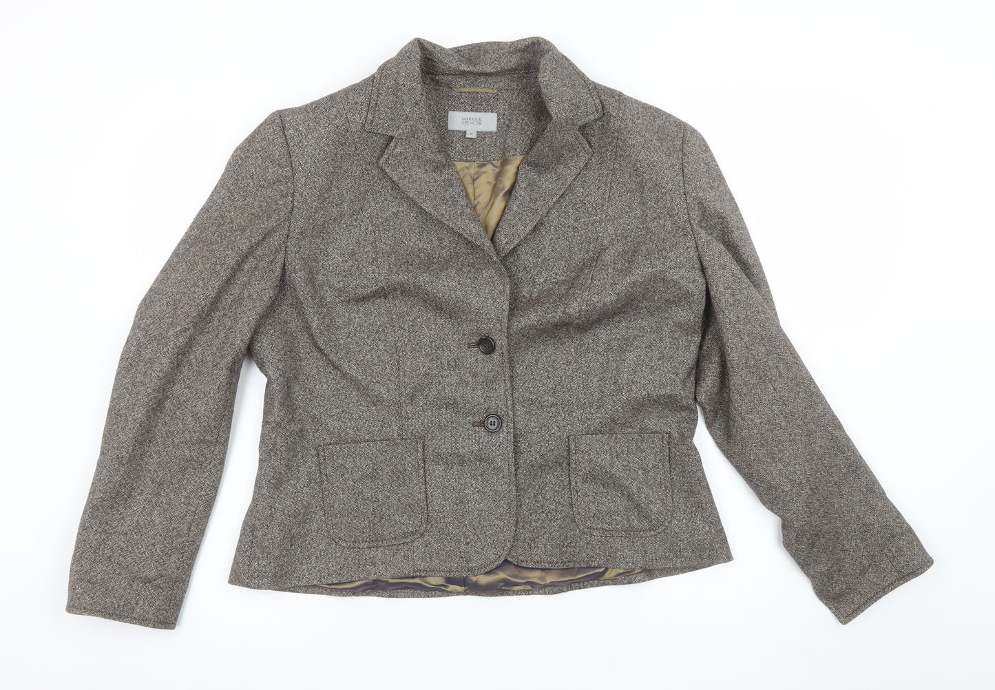 Marks and Spencer Women Brown Tweed Wool Blend Blazer UK 16 Classic Fit