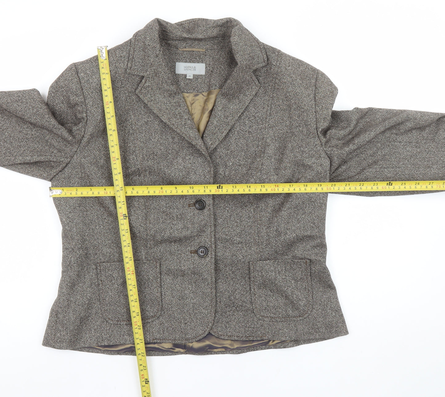 Marks and Spencer Women Brown Tweed Wool Blend Blazer UK 16 Classic Fit