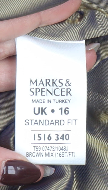 Marks and Spencer Women Brown Tweed Wool Blend Blazer UK 16 Classic Fit