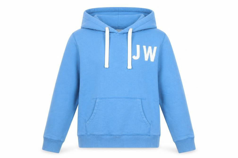 Front view of Jack Wills women’s blue pullover hoodie, size UK 10, cotton blend logo print