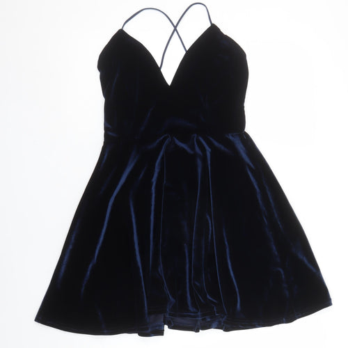 Boohoo Women's Blue Velvet Skater Party Dress M Strappy Sleeveless