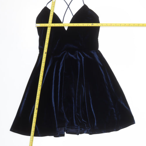 Boohoo Women's Blue Velvet Skater Party Dress M Strappy Sleeveless