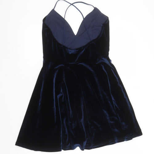 Boohoo Women's Blue Velvet Skater Party Dress M Strappy Sleeveless