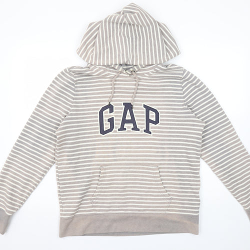 GAP Women Beige Striped Pullover Hoodie L Cotton Blend Casual