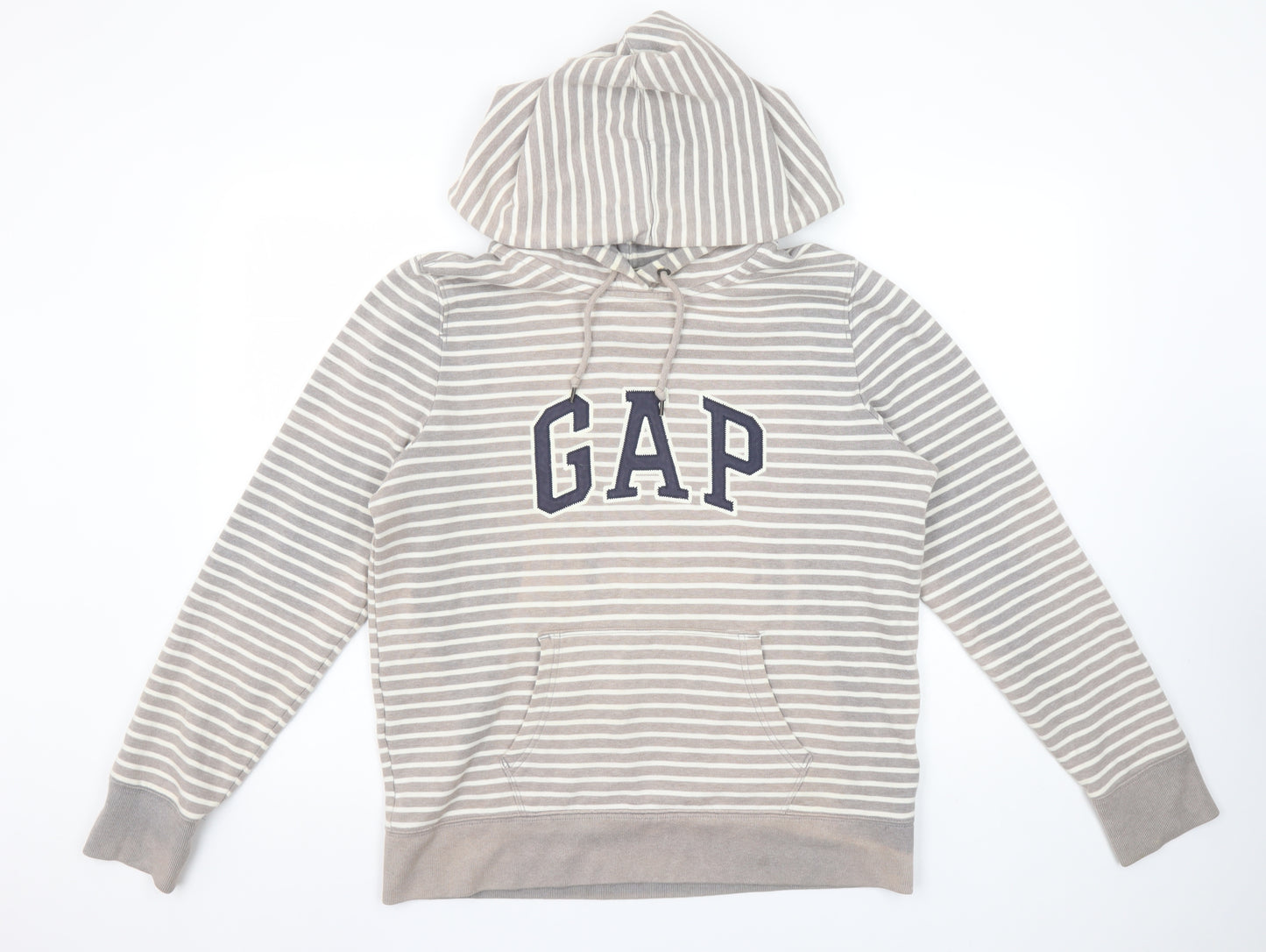 GAP Women Beige Striped Pullover Hoodie L Cotton Blend Casual