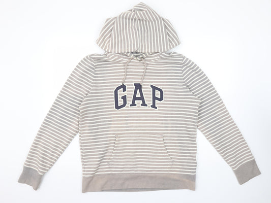 GAP Women Beige Striped Pullover Hoodie L Cotton Blend Casual