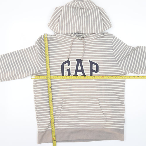 GAP Women Beige Striped Pullover Hoodie L Cotton Blend Casual