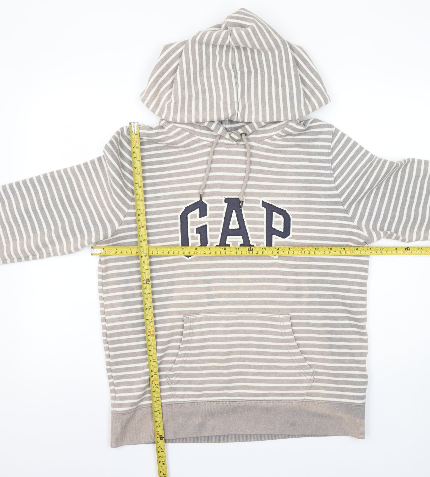 GAP Women Beige Striped Pullover Hoodie L Cotton Blend Casual