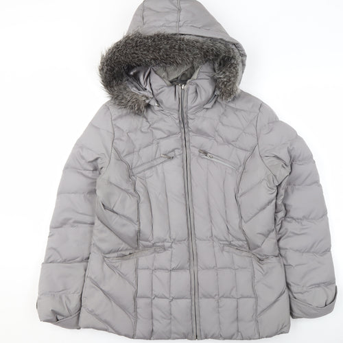 Marks and Spencer Per Una Women's Grey Hooded Puffer Jacket M Faux Fur Trim