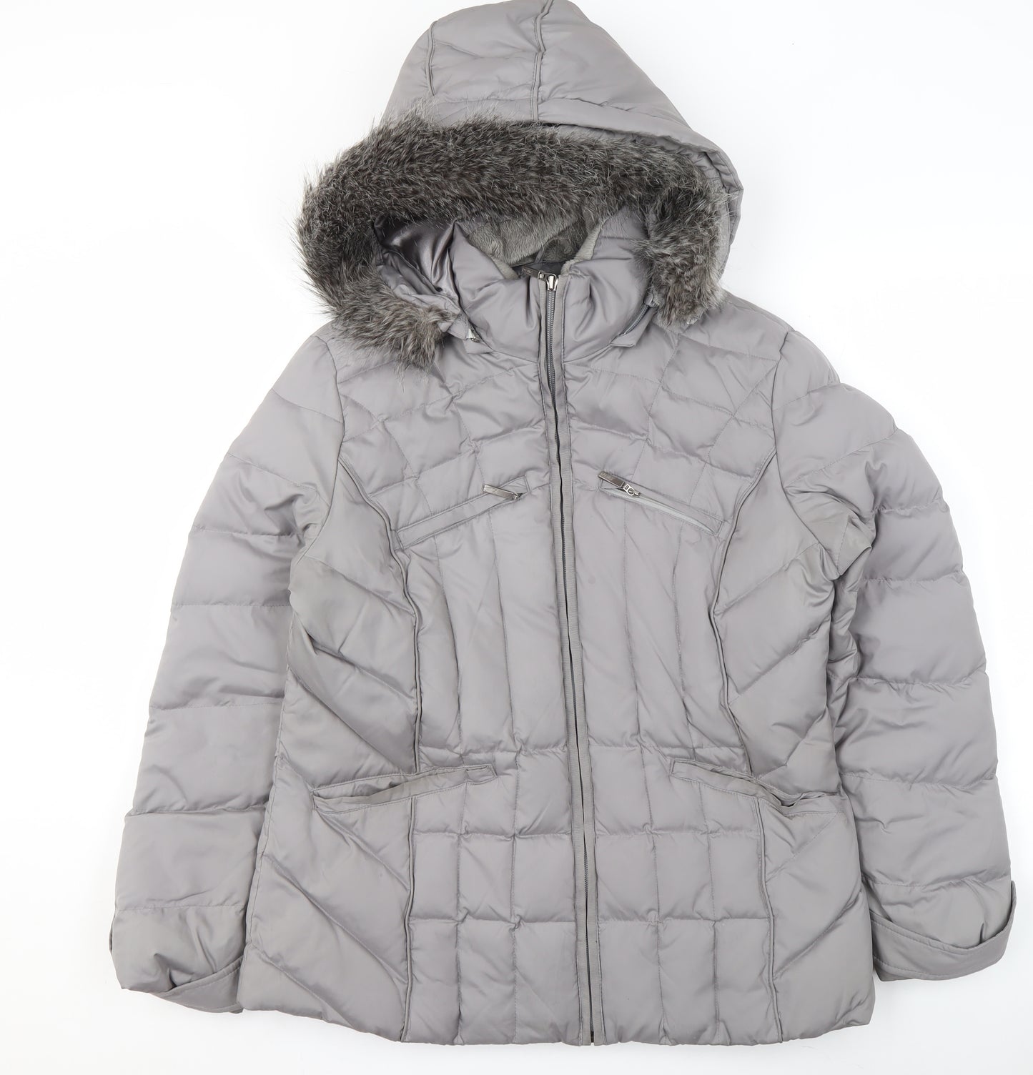Marks and Spencer Per Una Women's Grey Hooded Puffer Jacket M Faux Fur Trim